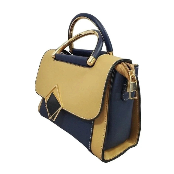 Blue and Tan Two-Tone Cross Body Purse With Golden Accents, Adjustable Strap - Picture 4 of 7